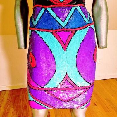 Vtg 1970's Geometric silk dress fully sequined embellished Amazing 