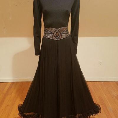 Vintage Miss Elliette California 1950's Chiffon pleated maxi gown beaded belt