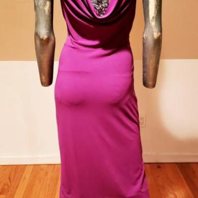 NICOLE MILLER grecian draped purple embllished dress