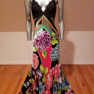 CACHE' silk floral & Frech lace Mermaid low cut maxi cocktail gown