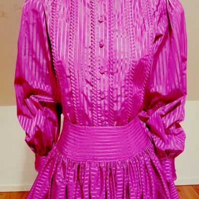 Vtg 1970's Adele Simpson peasant style skirt/top ensemble Magenta silk