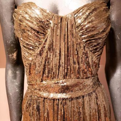 BADGLEY MISCHKA golden Screen Siren Grecian strapless gown $850 K