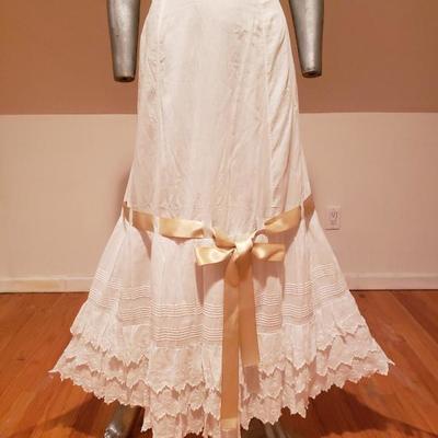 Antique Edwardian Petticoat lawn cotton skirt Broderie Anglaise satin Ribbon bow