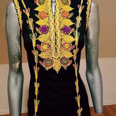 Vintage Moroccan golden Hand embroidered maxi Kaftan festive dress
