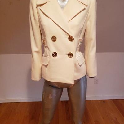 MICHARL KORS double breasted cream wool peacot jacket.gold chains hardware