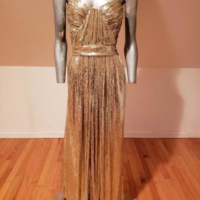 BADGLEY MISCHKA golden Screen Siren Grecian strapless gown $850 K