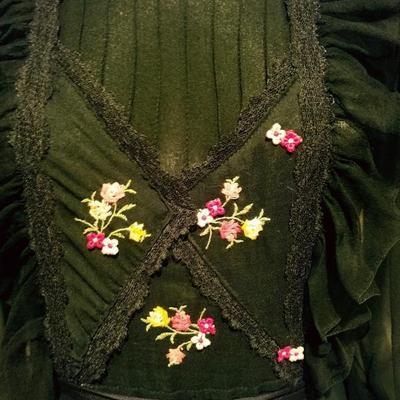 Vtg French Campagne silk chiffon maxi dress hand embroidery 