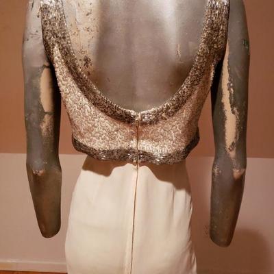Circa 1940's Hostess gown silk crepe organza silver beaded attached bolro top