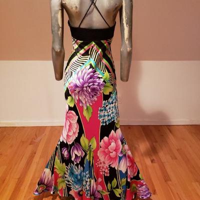 CACHE' silk floral & Frech lace Mermaid low cut maxi cocktail gown