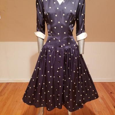  R&K Original Circa 1950's Lucy sweep navy/white polka dot dress button details