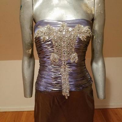 Vtg Gun Metal liquid lame heavy Embellished strapless laced gown fluid hem