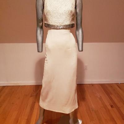 Circa 1940's Hostess gown silk crepe organza silver beaded attached bolro top