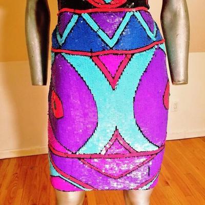 Vtg 1970's Geometric silk dress fully sequined embellished Amazing 