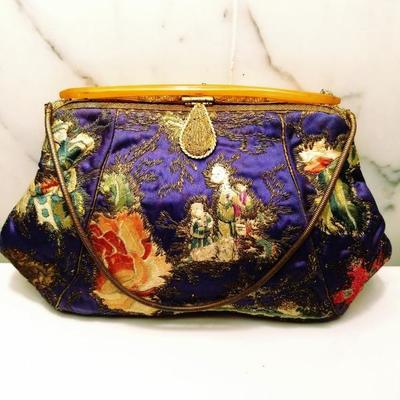 Antique Chinese silk stitch embroidered purse bakelite handle top 