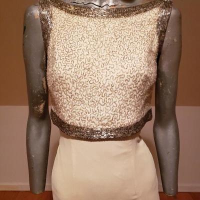 Circa 1940's Hostess gown silk crepe organza silver beaded attached bolro top