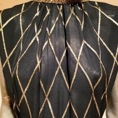 BILL BLASS  Couture Maxi black/gold chiffon gown embellished neckline 