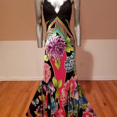 CACHE' silk floral & Frech lace Mermaid low cut maxi cocktail gown