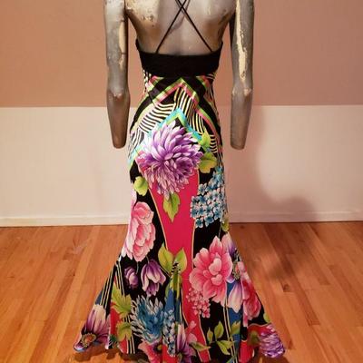 CACHE' silk floral & Frech lace Mermaid low cut maxi cocktail gown