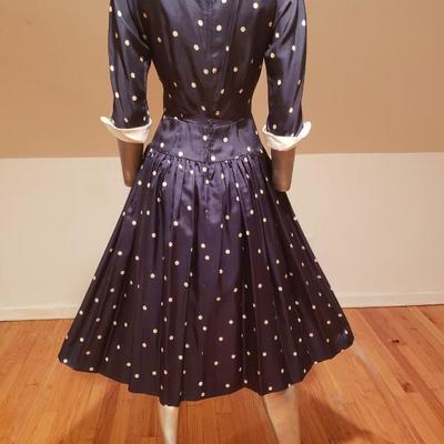  R&K Original Circa 1950's Lucy sweep navy/white polka dot dress button details