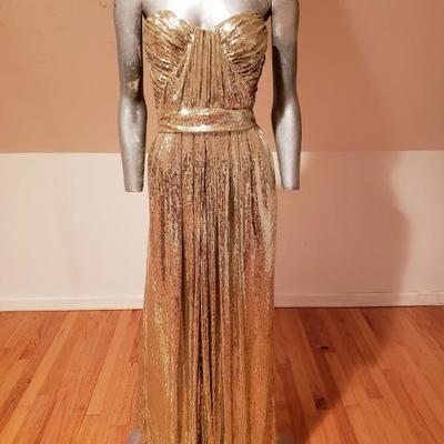 BADGLEY MISCHKA golden Screen Siren Grecian strapless gown $850 K