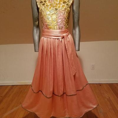 WILLIAM PEARSON full length peach satin and burnt velour floral gown