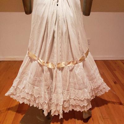 Antique Edwardian Petticoat lawn cotton skirt Broderie Anglaise satin Ribbon bow