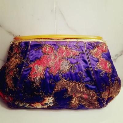 Antique Chinese silk stitch embroidered purse bakelite handle top 