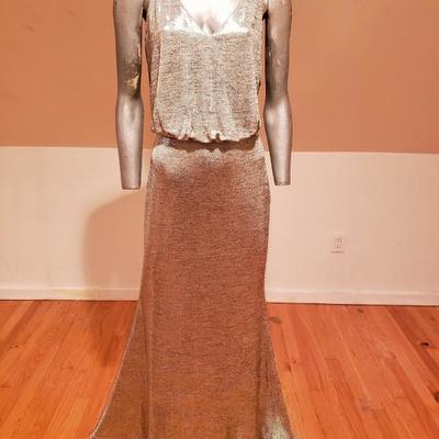CALVIN KLEIN COUTURE Gown NWT Sand Gold Metallic gold hardware 