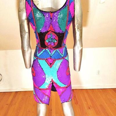 Vtg 1970's Geometric silk dress fully sequined embellished Amazing 