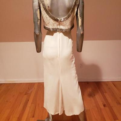 Circa 1940's Hostess gown silk crepe organza silver beaded attached bolro top