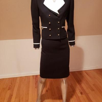 ALBERT NIPON skirt suit Maritime blue & white gold metal buttons