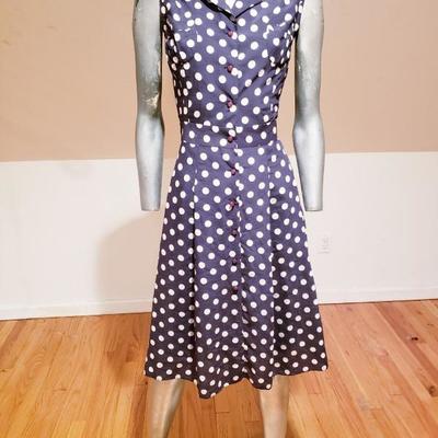 VTG PIERRE CARDIN Paris Numbered Polka dot blue dress bakelite buttons 