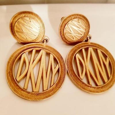 Vtg DKNY gold plated Signature  Earrings 