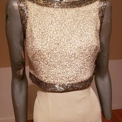 Circa 1940's Hostess gown silk crepe organza silver beaded attached bolro top