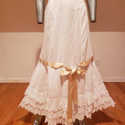 Antique Edwardian Petticoat lawn cotton skirt Broderie Anglaise satin Ribbon bow