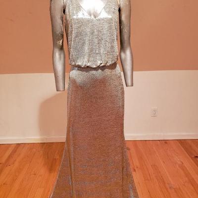 CALVIN KLEIN COUTURE Gown NWT Sand Gold Metallic gold hardware 
