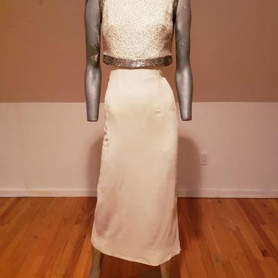 Circa 1940's Hostess gown silk crepe organza silver beaded attached bolro top