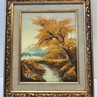 Signed S. Hill Trees & Lake Painting
