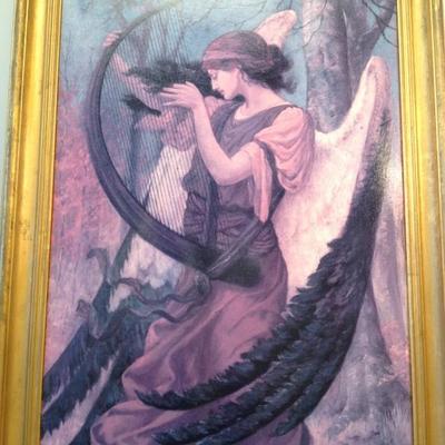 Vintage Signed Oil Style Print -Woman Play Harp 30 x 53