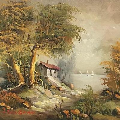 SIGNED B. Grongman Painting House Lake Image