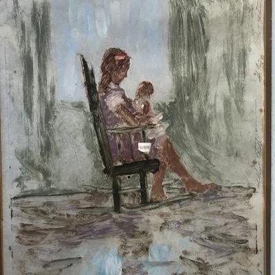 SIGNED TEMPERA PAINTING, Mother& Child 23 x 19