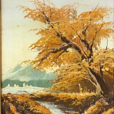 Signed S. Hill Trees & Lake Painting