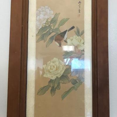 Vintage Oriental Print - Bird on Rose Branch 24 x 12