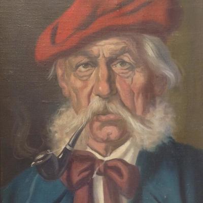 Signed Painting Man Smoking Pipe Portrait 18 x 14