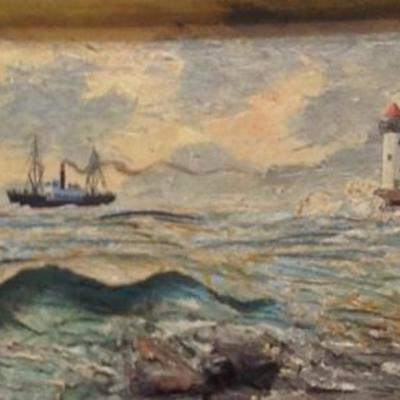 Vintage 3D Painting - Ocean, Jetty, Lighthouse - SIGNED