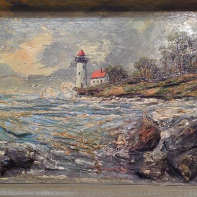 Vintage 3D Painting - Ocean, Jetty, Lighthouse - SIGNED