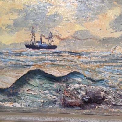 Vintage 3D Painting - Ocean, Jetty, Lighthouse - SIGNED