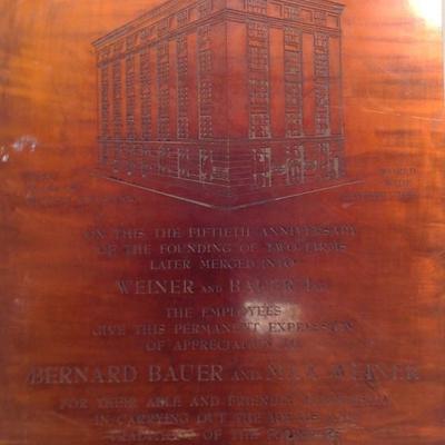 Vintage Bauer & Werner 50th Anniversary Copper Plaque