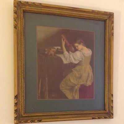 Framed Color Print Lady Chordophone Circa 1800s