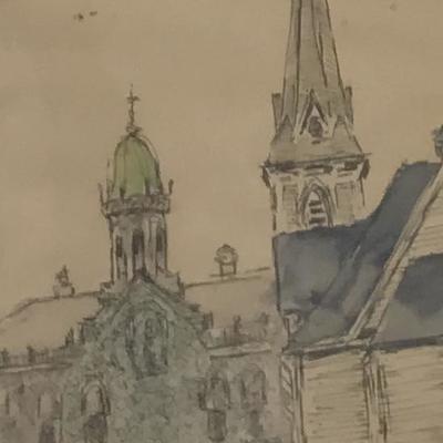 SIGNED Watercolor Painting Church 